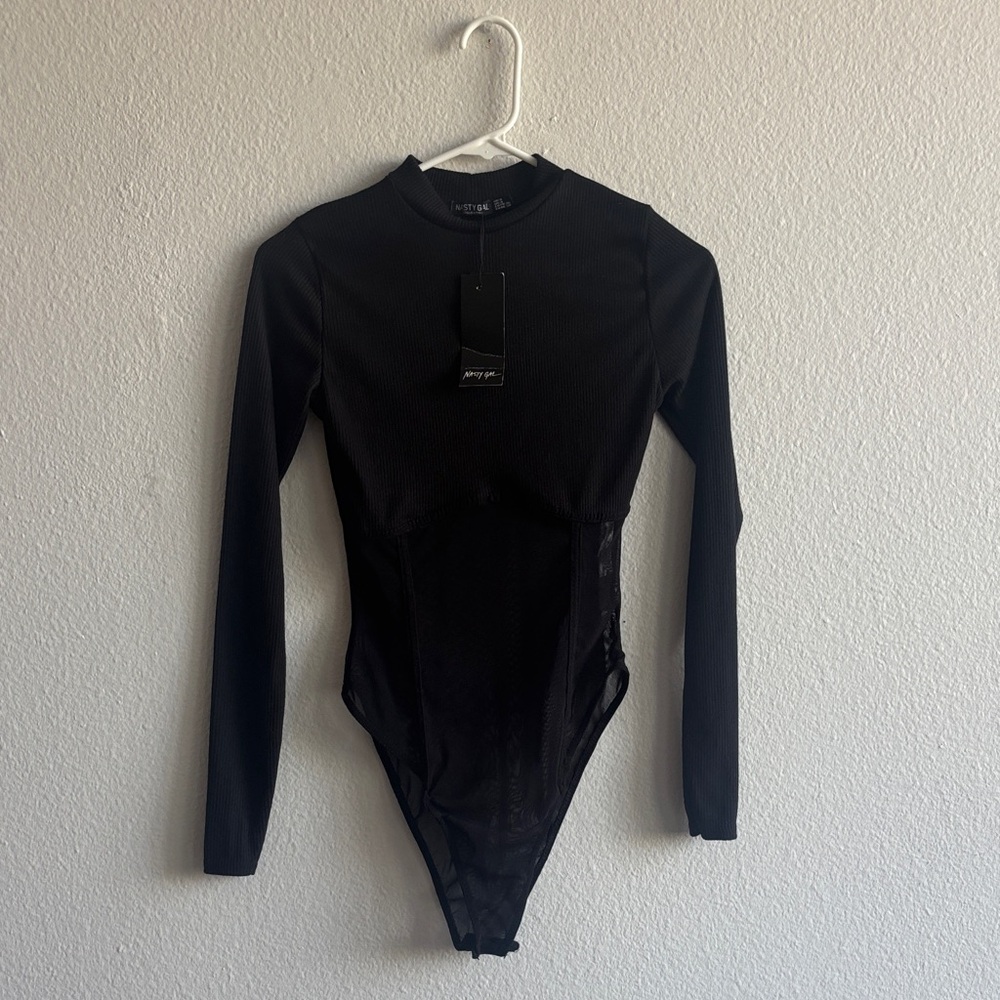 NWT Nasty Gal Black Long Sleeve Sheer Mesh Panel Bodysuit